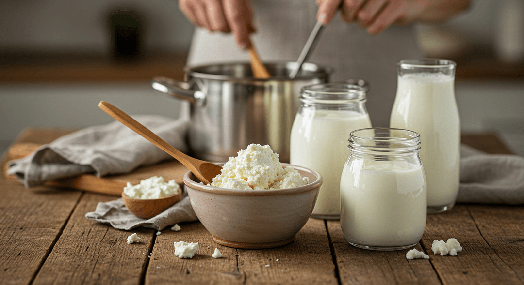 A close-up, top-down shot of a rustic wooden table featuring various homemade dairy products: a ceramic bowl of creamy ricotta with a wooden spoon, a glass jar filled with thick yogurt, and a separate glass of sparkling kefir. In the softly blurred background, a hand gently stirs a pot on a stove, hinting at the process of milk transformation.