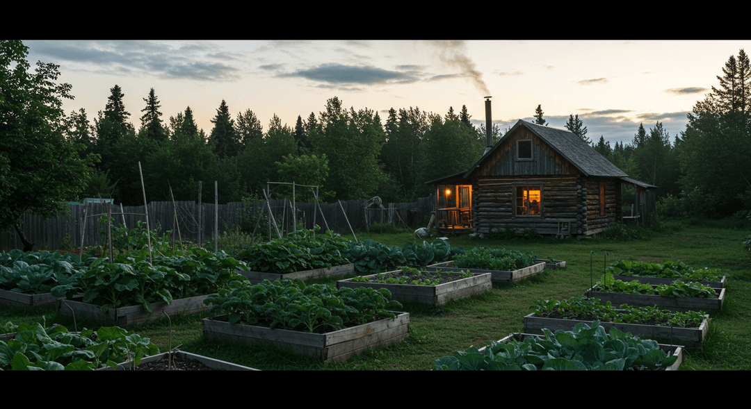 A photorealistic image of an Alaskan homestead. A rustic log cabin with a smoking chimney stands amidst thriving raised garden beds filled with kale and cabbage, protected by a tall fence. The sky is bright with the extended twilight of a summer evening, illuminating the surrounding dense pine forest.