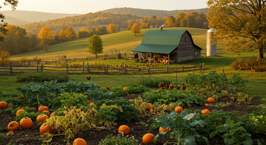 A photorealistic image showing a small homestead in rural Pennsylvania. In the foreground, dark, fertile soil holds thriving late-season vegetables like kale and pumpkins. A rustic wooden fence separates the garden from a small flock of chickens grazing near a barn with a dark green roof. Rolling hills and fields with trees in early autumn colors stretch into the background under a clear sky.