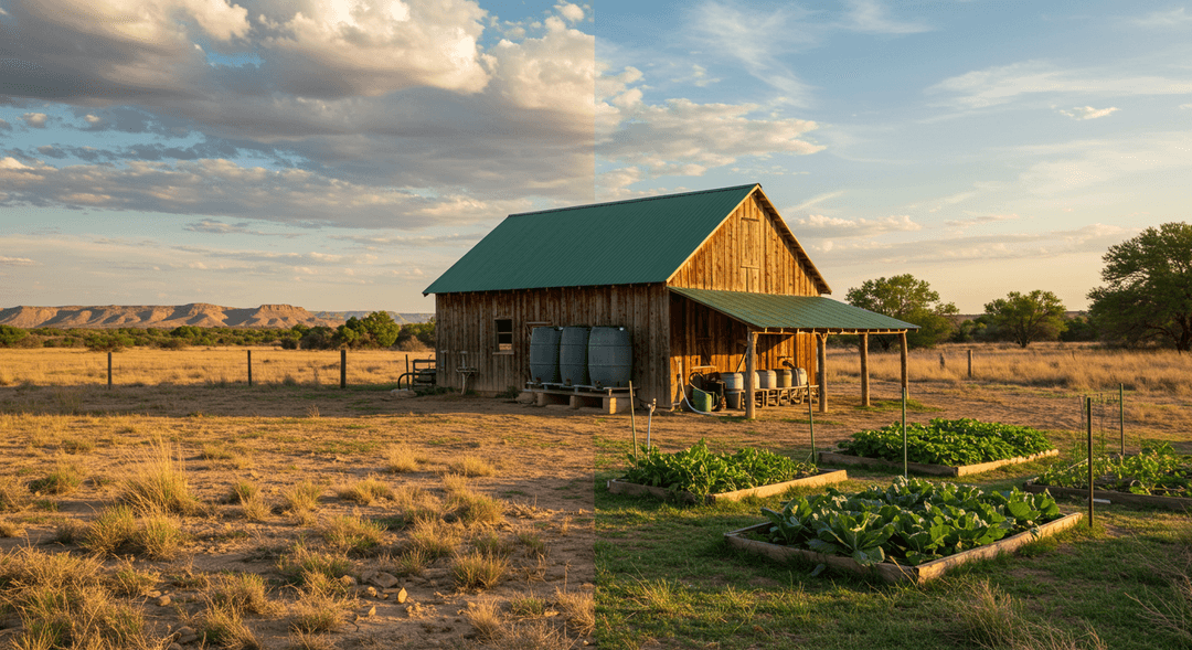 A homestead scene showcasing Texas's diverse climates, with a rustic wooden barn featuring a rainwater harvesting system. One side of the landscape depicts arid, sun-baked earth and distant mesas, while the other transitions into lush, green vegetation and a vibrant garden, symbolizing the contrast between West Texas and the humid Gulf Coast.