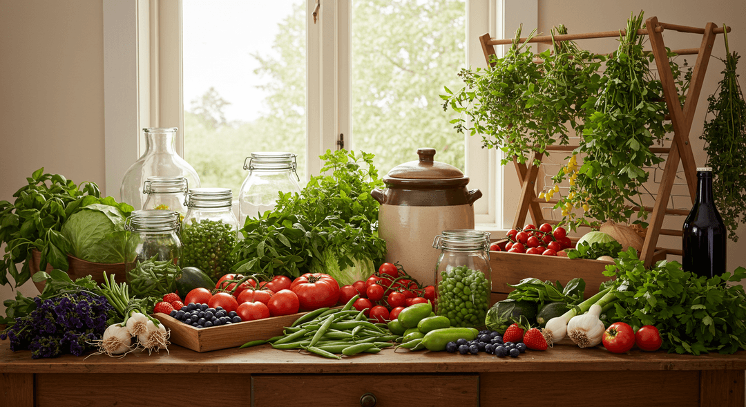 A rustic homestead kitchen counter filled with a bountiful harvest of fresh produce like tomatoes, green beans, and berries, alongside preserving tools such as canning jars, fermentation crocks, and a drying rack. The scene is warm and inviting, illustrating the process of year-round food preservation.