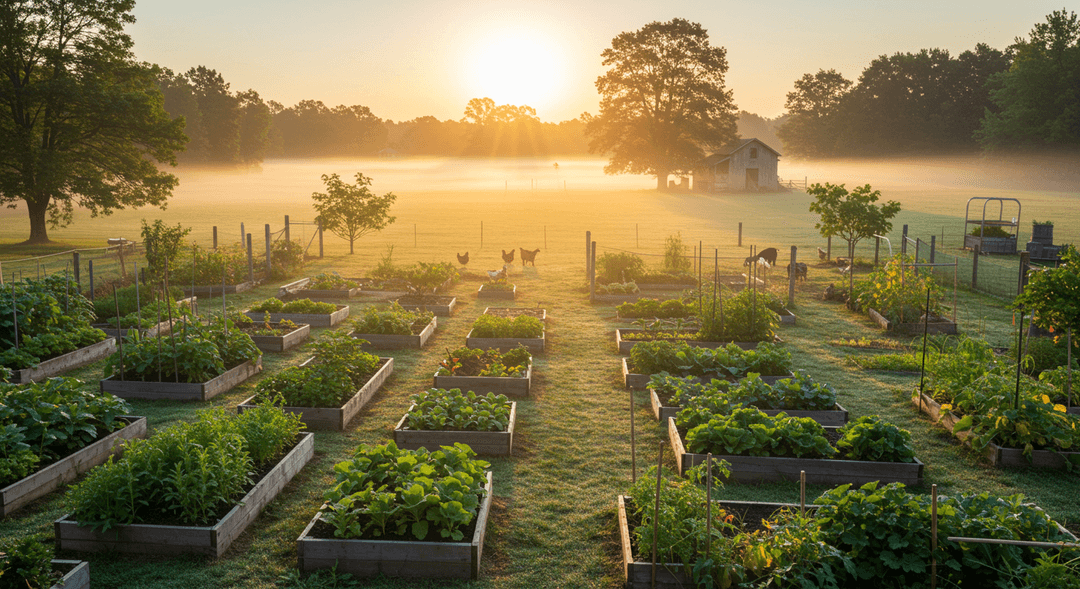 A vibrant, aerial view of a meticulously organized one-acre homestead featuring diverse vegetable garden beds, a small pasture with chickens and goats, and young fruit trees, all bathed in soft morning light.