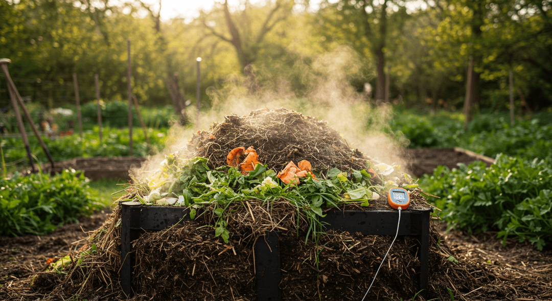 A large, steaming hot compost pile in an organic garden, showing layers of brown and green materials. A compost thermometer is visible, indicating optimal heat, and a pitchfork leans against a nearby wooden fence.