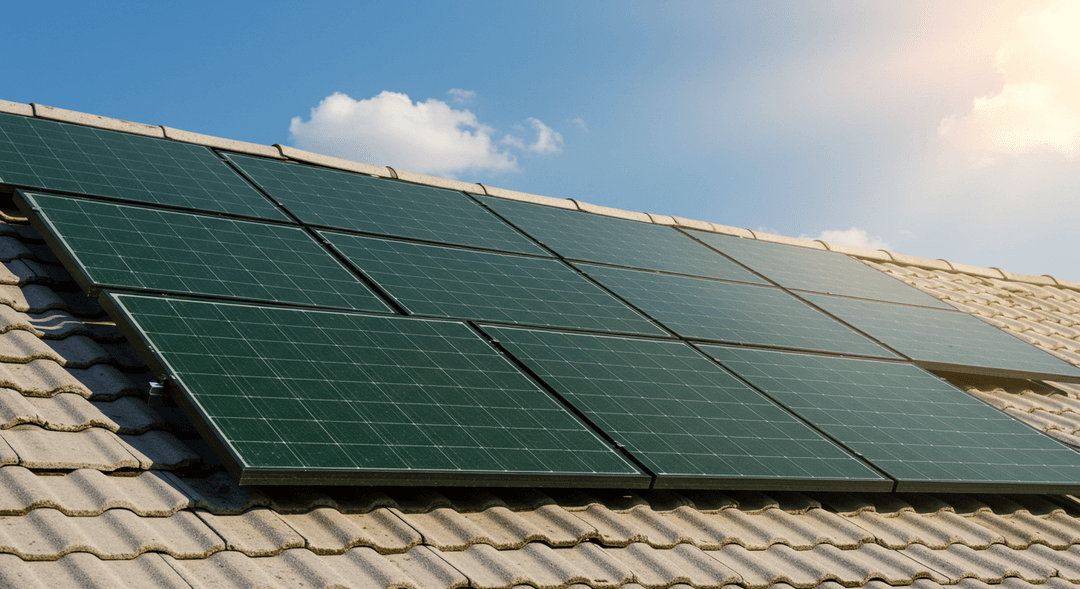 Sunlight beams down on several dark green solar panels installed on a light-colored rooftop. The panels reflect the blue sky, emphasizing their role in harnessing solar energy for a modern home. The image highlights the clean, integrated appearance of the solar technology.