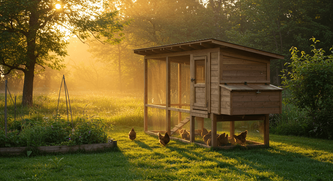 A well-designed, modern rustic chicken coop with a spacious attached run, situated in a verdant backyard bathed in soft morning light, emphasizing sustainable living.