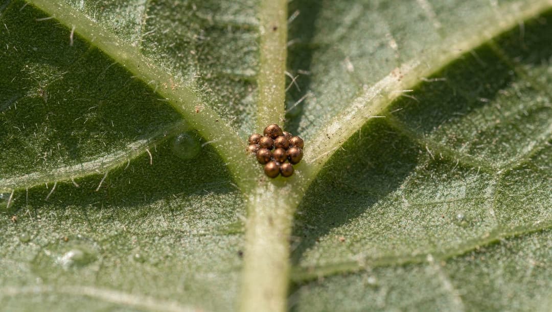 Close-up of a green squash leaf turned over to show a tight cluster of small bronze-brown squash bug eggs nestled in the V between two leaf veins.