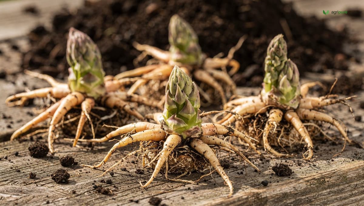 A display of several asparagus variety crowns laid out on a potting bench, showing the fleshy roots and central bud of Jersey Knight, Millennium, and Purple Passion crowns