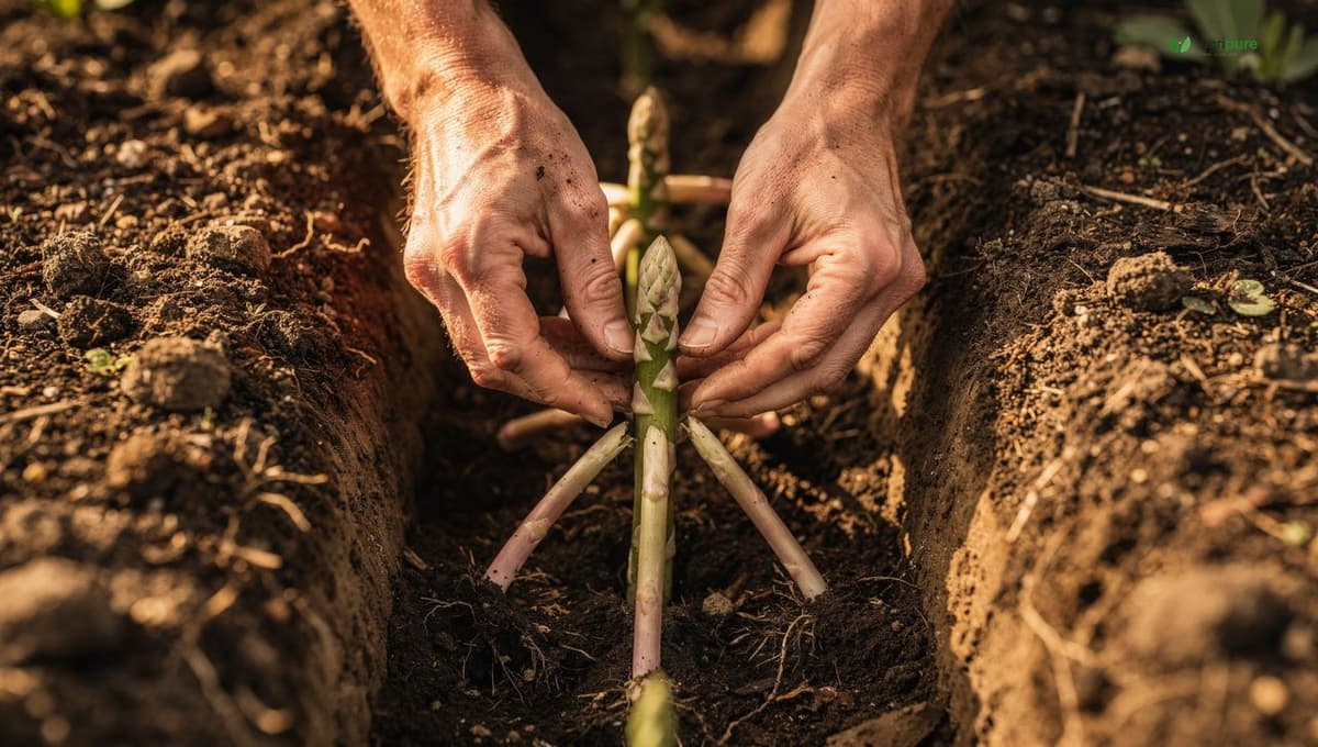 A gardener's hands placing asparagus crowns in a prepared trench, spreading the roots evenly with the bud cluster pointing up, with dark compost-enriched soil around them