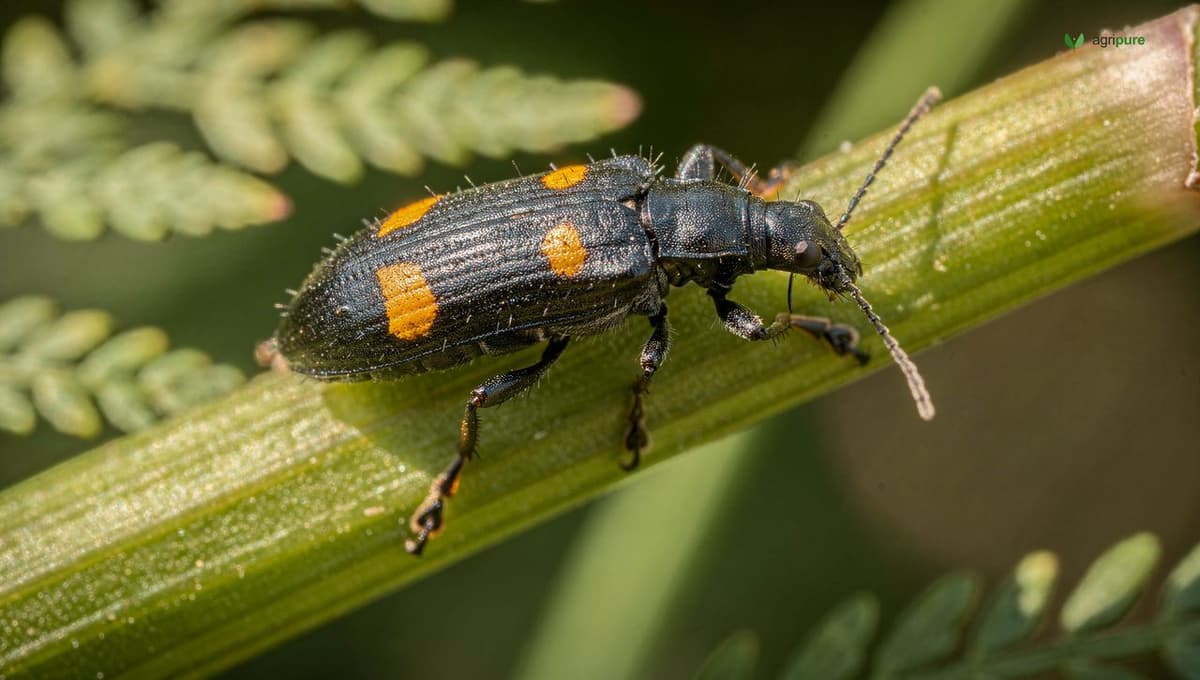 Close-up of an asparagus beetle on a young green spear, showing the metallic blue-black body with yellow spots, against soft-focus fern foliage in the background