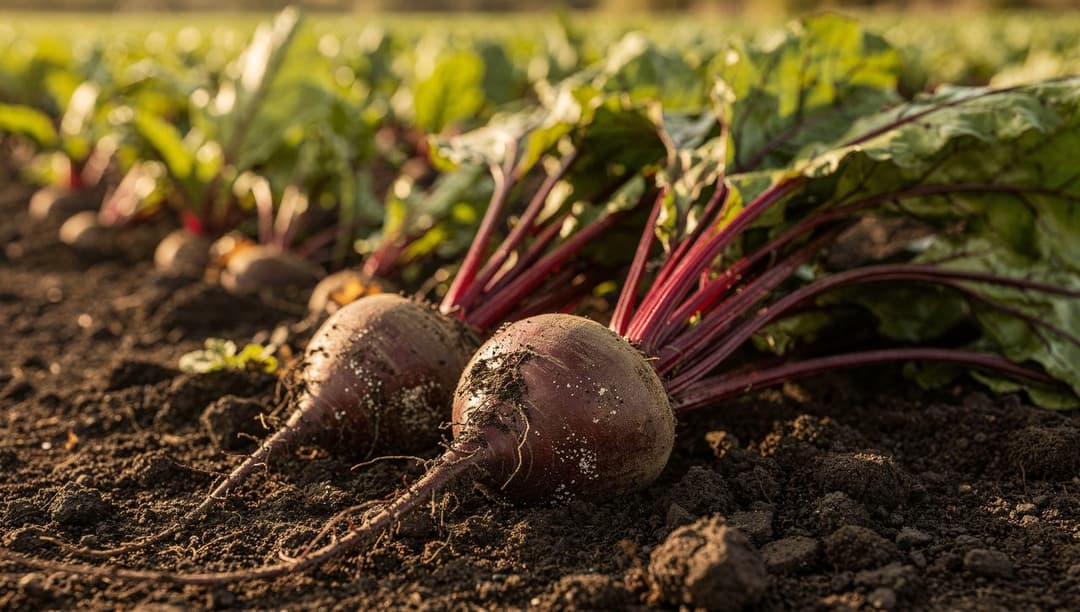 Freshly pulled beetroots with their leafy red-and-green tops still attached, resting on dark garden soil beside a row of growing beets in morning light.