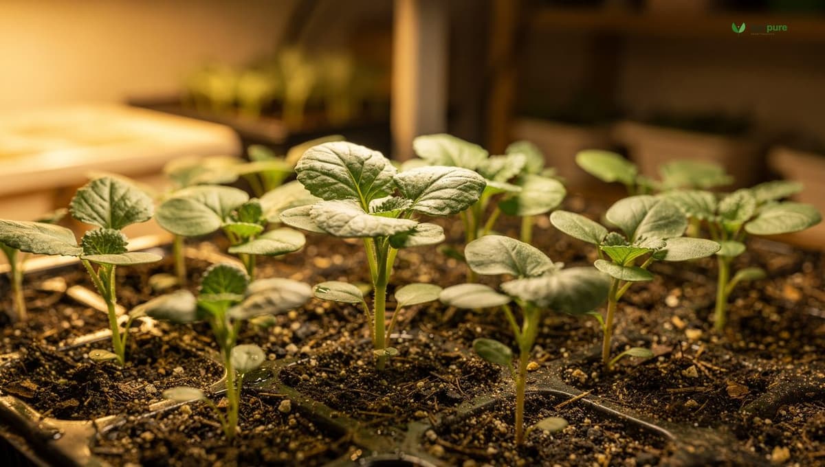 A seed-starting tray with small broccoli seedlings under a grow light, ready for hardening off before outdoor transplanting