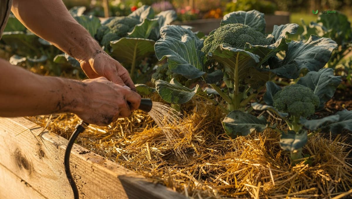 A gardener using a watering wand at the base of a row of broccoli plants in a raised bed with straw mulch around the stems
