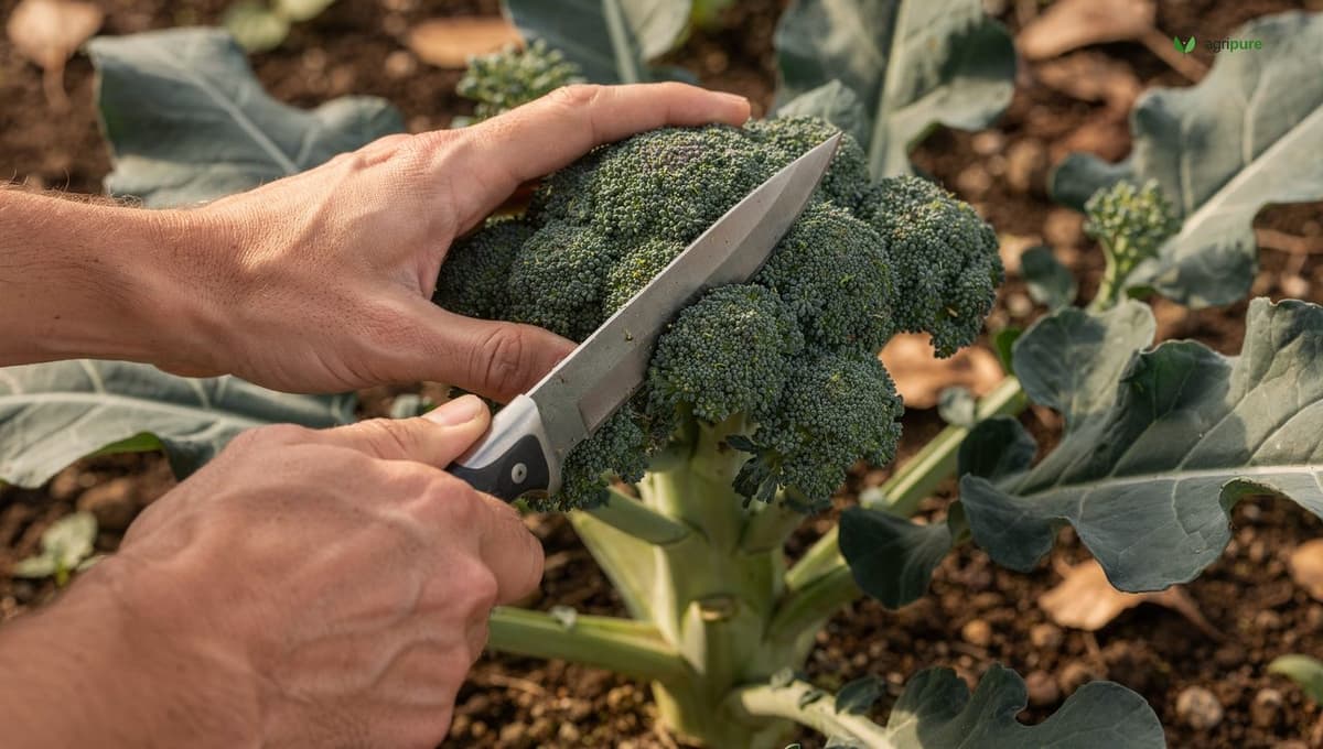 Hands cutting a compact green broccoli head with a sharp knife, leaving six inches of stalk and several leafy branches visible on the plant