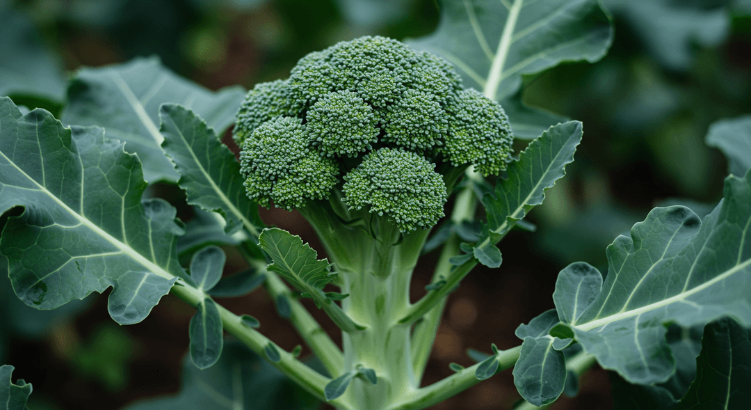 A close-up of a vibrant green broccoli head ready for harvest in a vegetable garden bed.