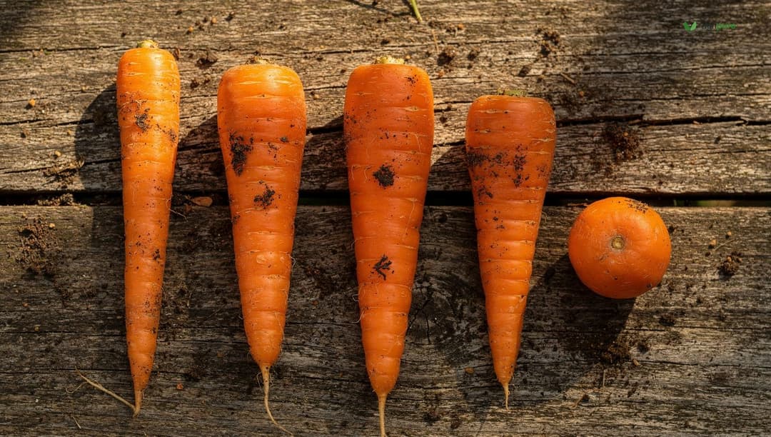 Five carrot types laid side by side showing Imperator, Danvers, Nantes, Chantenay, and Paris Market shapes and sizes