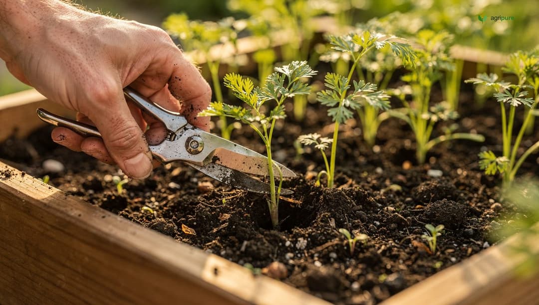 A hand using scissors to thin young carrot seedlings in a raised bed, cutting rather than pulling to avoid disturbing neighboring roots