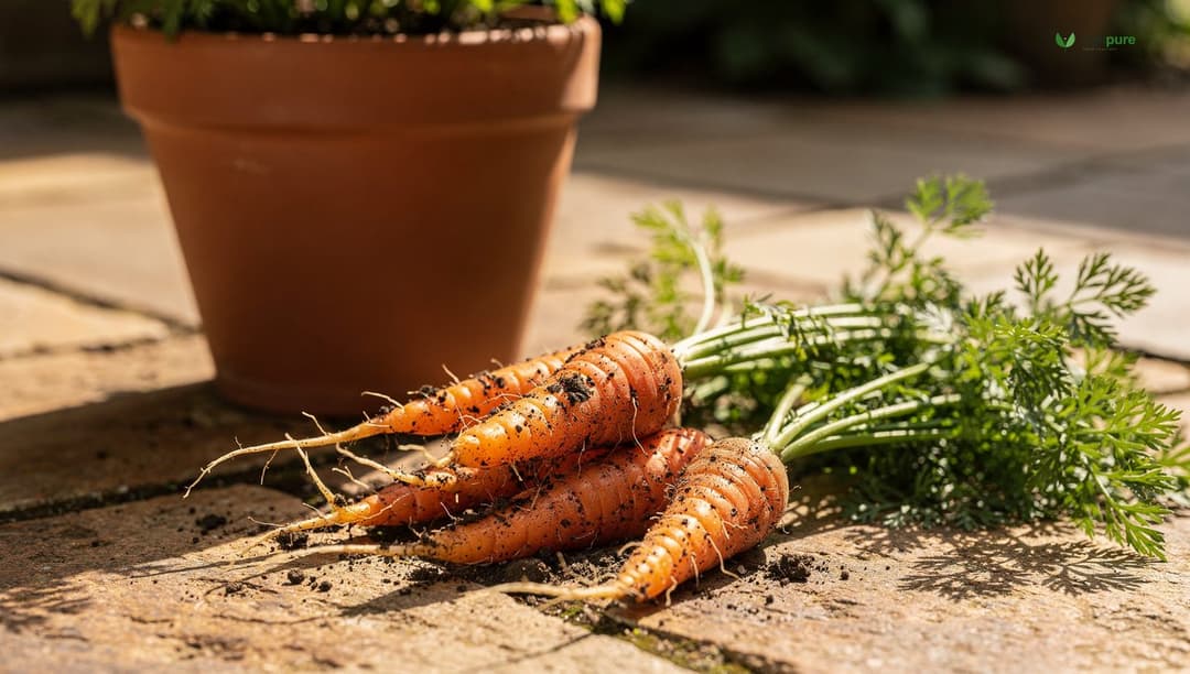 Round Paris Market carrots pulled from a deep terracotta pot sitting on a sunny patio, roots clean and stubby beside the empty container