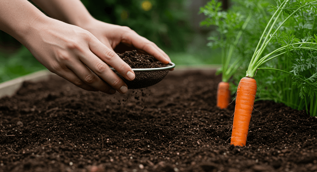 A close-up shot shows a pair of hands wearing light-colored gardening gloves, sifting dark, crumbly, stone-free soil in a raised garden bed, preparing it for carrot planting. A perfectly straight, bright orange carrot is partially visible in the lower right corner, emerging from the soil, symbolizing ideal growing conditions.