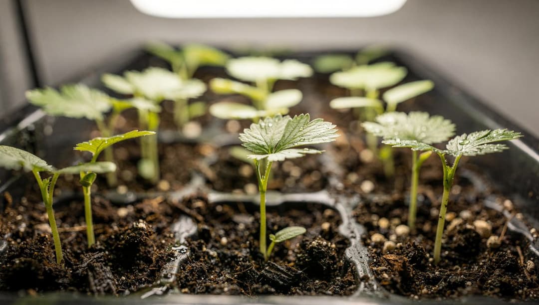 Young celery seedlings with delicate notched leaves growing in dark potting soil inside a seed tray under bright indoor light.