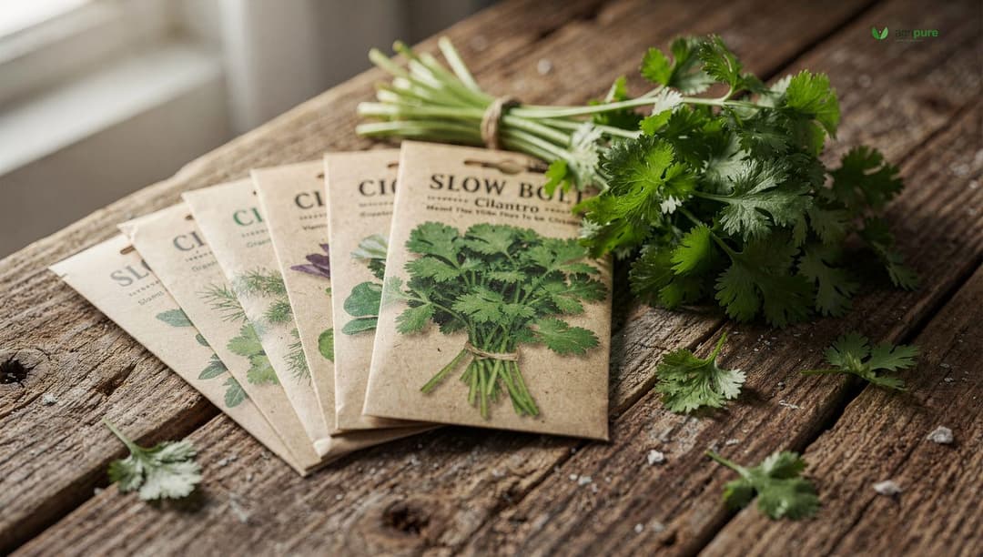 Seed packets of slow-bolt cilantro varieties including Calypso and Leisure alongside fresh-cut cilantro leaves on a wooden table