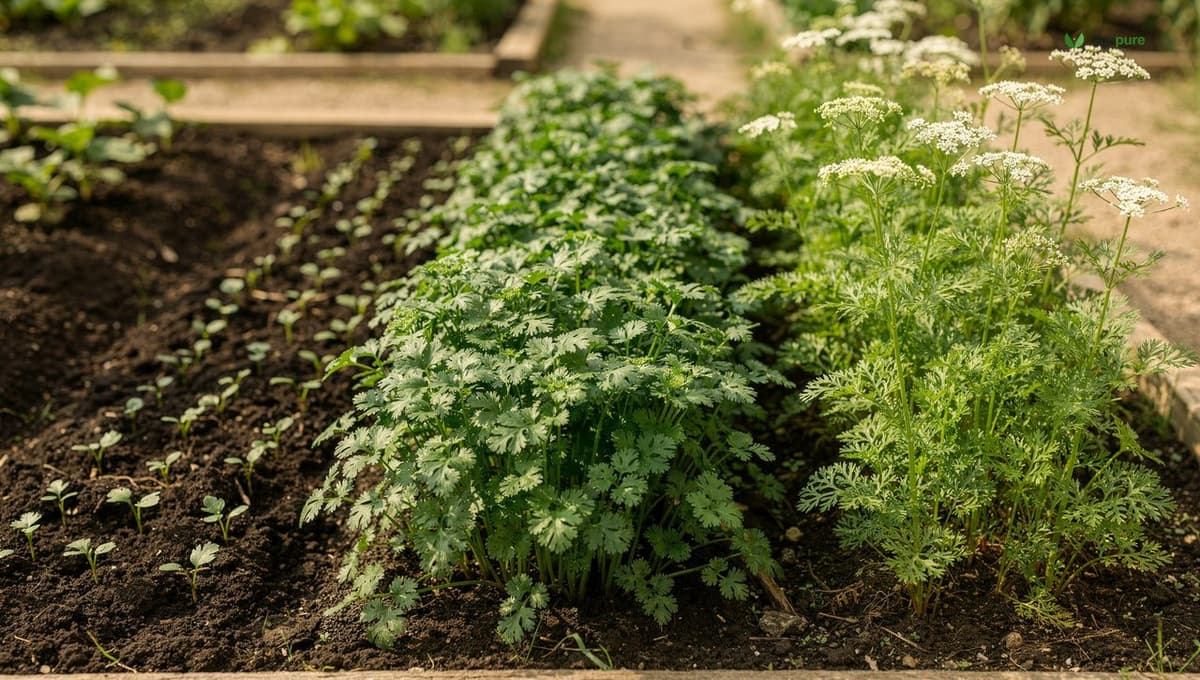 Three staggered rows of cilantro at different stages of growth in a kitchen garden — young seedlings, harvestable plants, and a bolting plant with white flowers