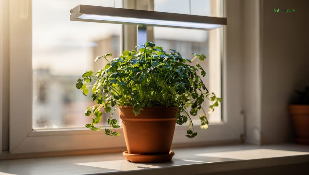 Cilantro growing in a deep terracotta pot on a sunny apartment windowsill with a grow light overhead, leaves bright green and lush