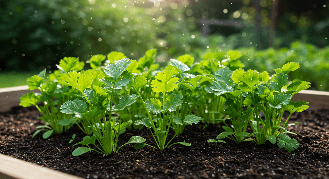 Close-up of lush, non-bolting cilantro plants thriving in a partially shaded raised garden bed, showcasing healthy, broad green leaves. The scene captures the cool-season conditions ideal for preventing premature flowering.