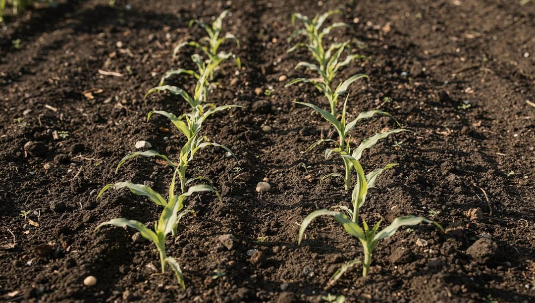 A close block of young sweet corn seedlings in dark garden soil, four parallel rows spaced a foot apart under bright morning light.