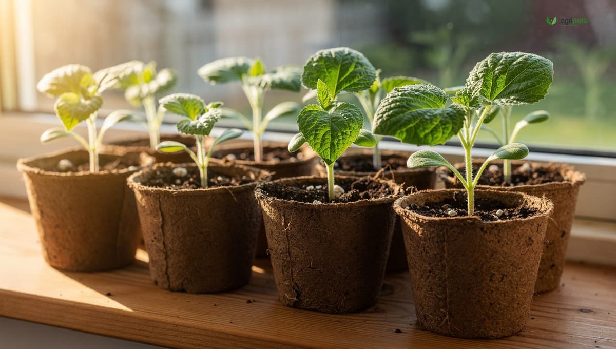 Cucumber seedlings in biodegradable pots on a windowsill, ready for transplanting outdoors after the last frost date