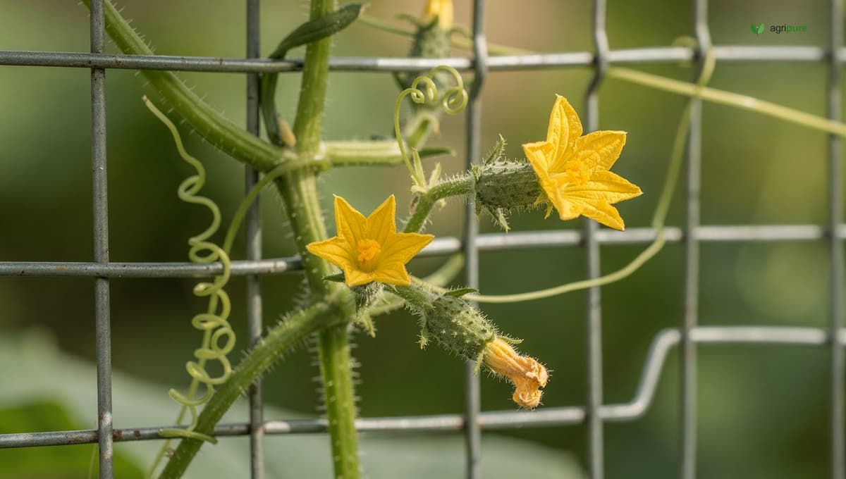A close-up of cucumber vines with tendrils gripping a wire trellis panel, small cucumbers forming behind yellow female flowers