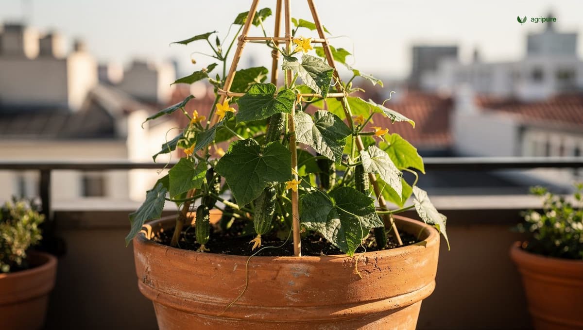 A large terracotta container on a balcony with a Spacemaster bush cucumber plant trained up a bamboo tripod, small cucumbers forming on the vines