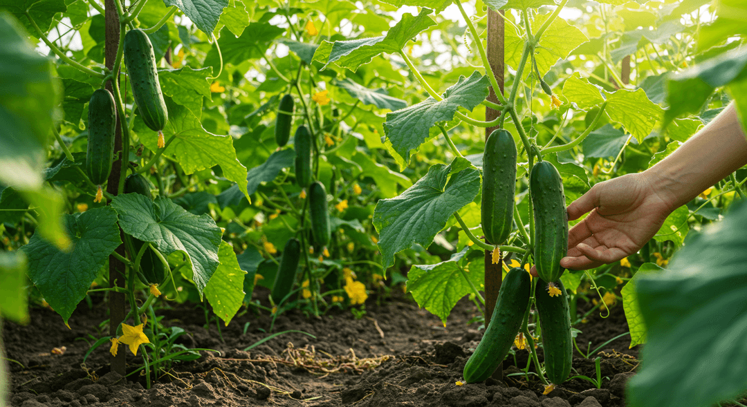 A close-up, photorealistic image of a healthy cucumber vine trellised vertically, showcasing numerous bright green cucumbers ready for harvest. The soil beneath is dark and rich, and the leaves are vibrant green, some with visible water droplets. A human hand is gently reaching towards a mature cucumber, indicating harvest.