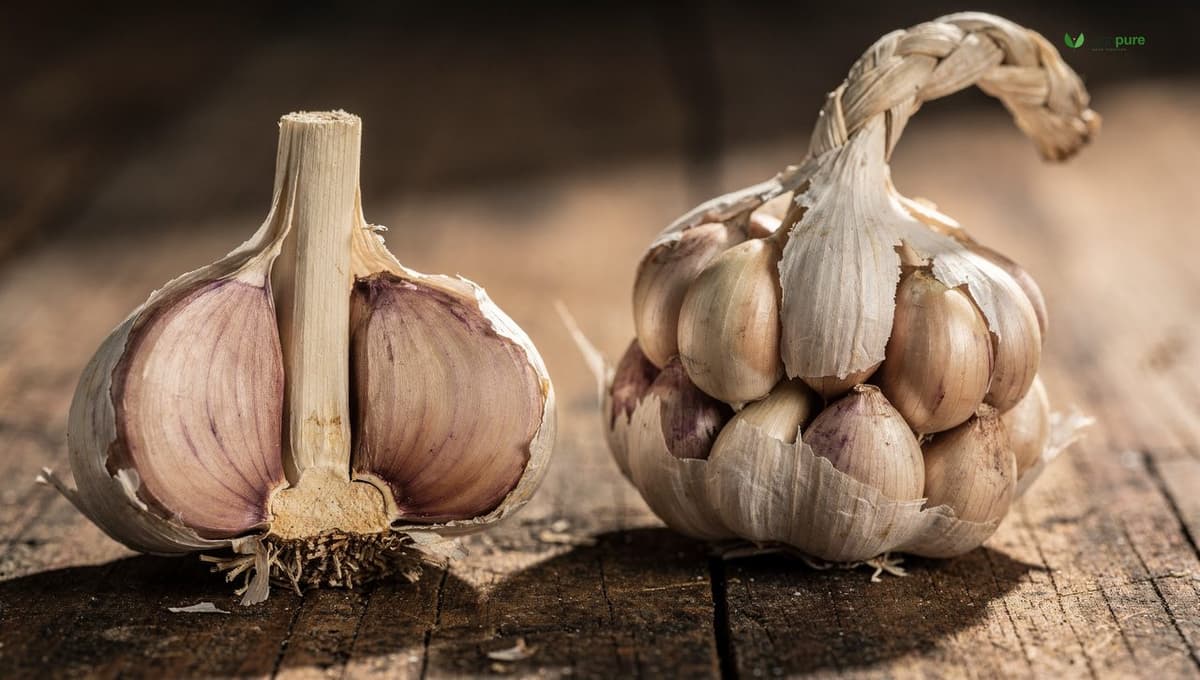 A split display of hardneck and softneck garlic bulbs side by side on a wooden surface, showing the central stalk in the hardneck variety and the layered cloves in the softneck