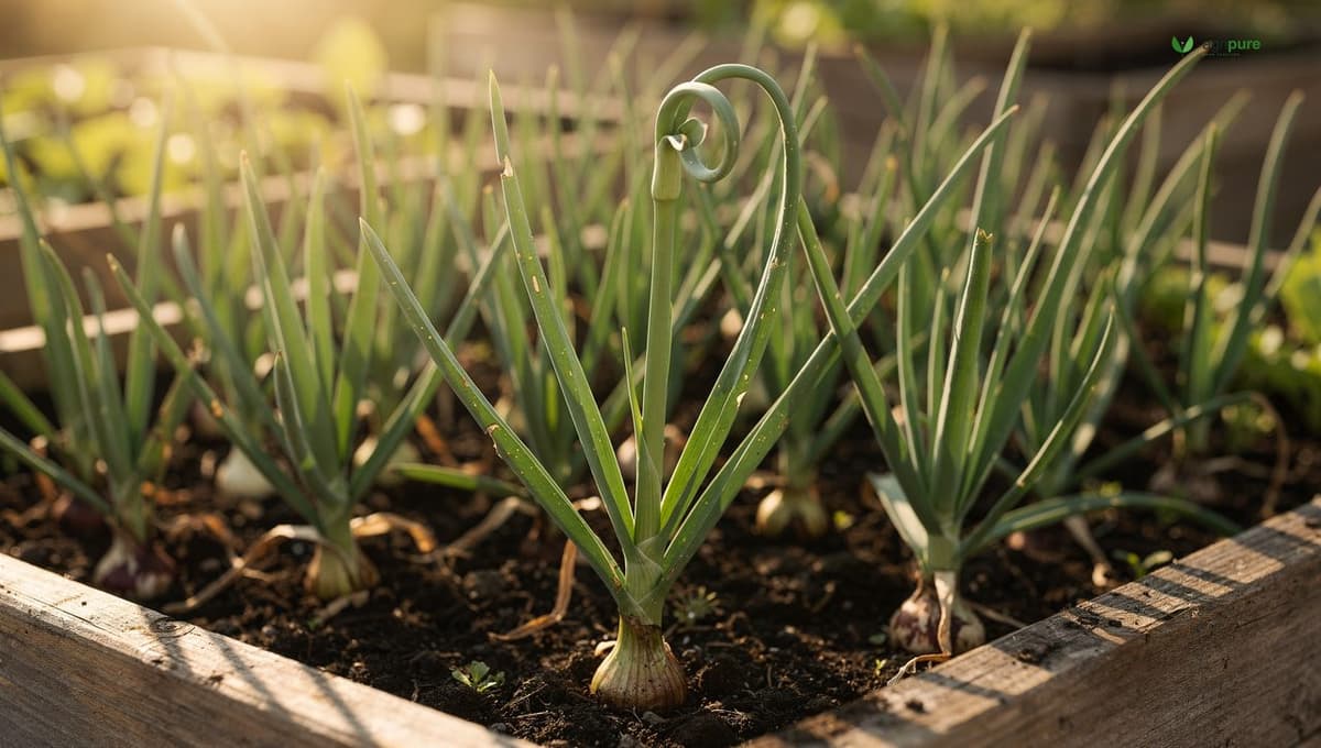 Garlic plants growing vigorously in spring in raised garden rows, showing the curled green scape emerging from the centre of the plant