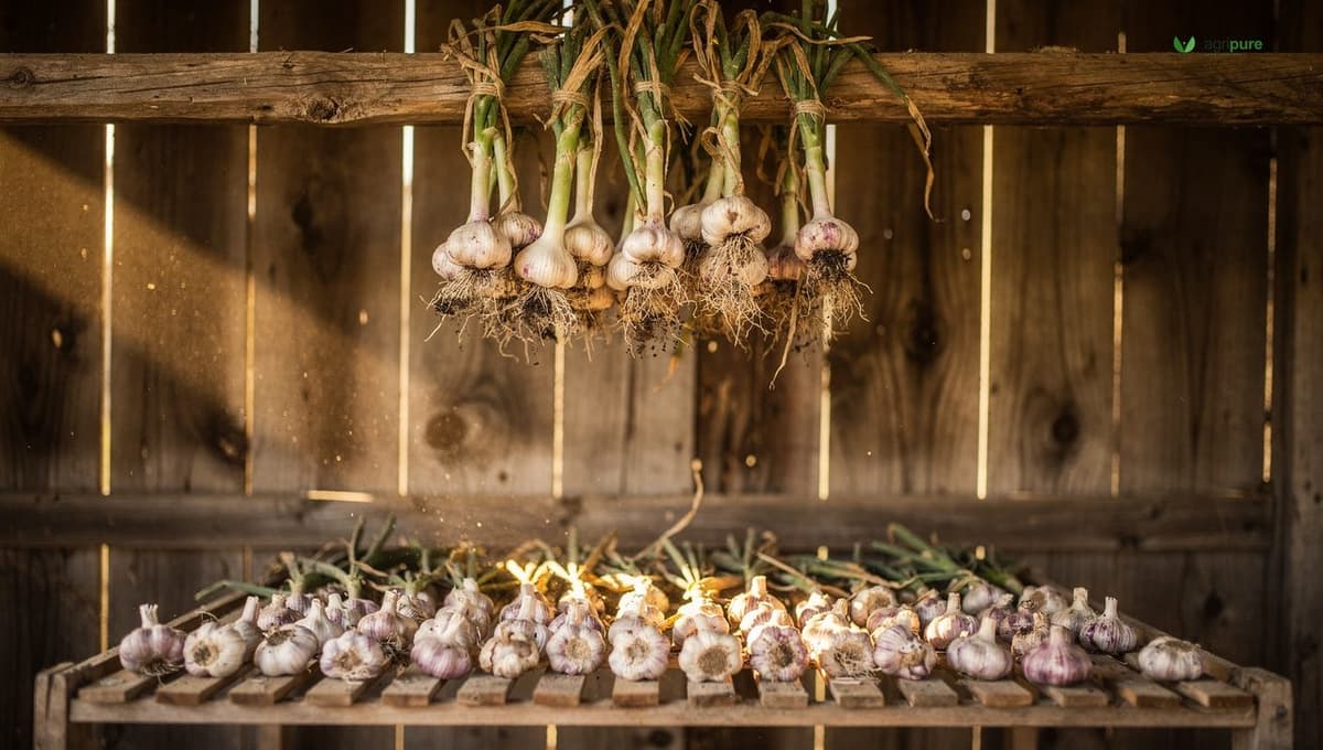 Freshly harvested garlic bulbs laid out on a wooden drying rack in a shaded outdoor barn, with their roots and stalks still attached, curing in warm dry air