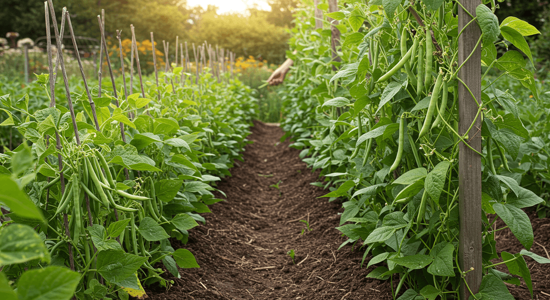 A photorealistic image showing a vibrant organic garden with both short, bushy green bean plants in the foreground, heavy with pods, and tall pole bean plants climbing a wooden trellis in the background. A gardener's hand is reaching to harvest a pod, set against a backdrop of fertile soil and bright natural light.