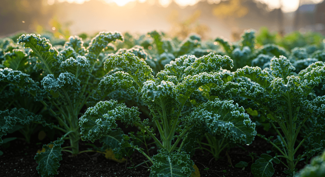 Vibrant, dewy kale plants thriving in an organic garden bed during a cool autumn morning, with light frost clinging to the deep green leaves, showcasing their resilience and health.