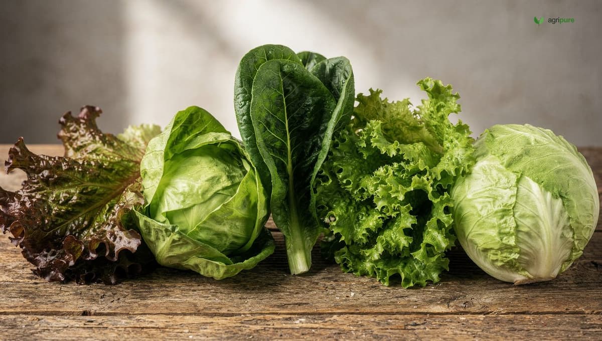 Five lettuce types arranged side by side: loose-leaf, butterhead, romaine, French crisp, and crisphead iceberg varieties in a market display