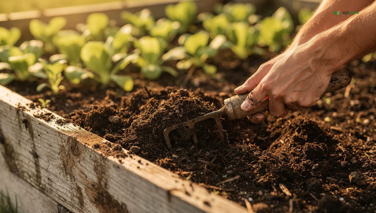 Close-up of a hand working compost into a raised garden bed before lettuce planting, with young seedlings visible nearby
