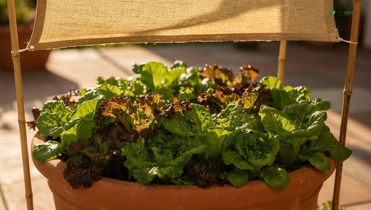 Lettuce growing in a large terracotta container on a partly shaded patio, with shade cloth suspended above it on simple bamboo poles