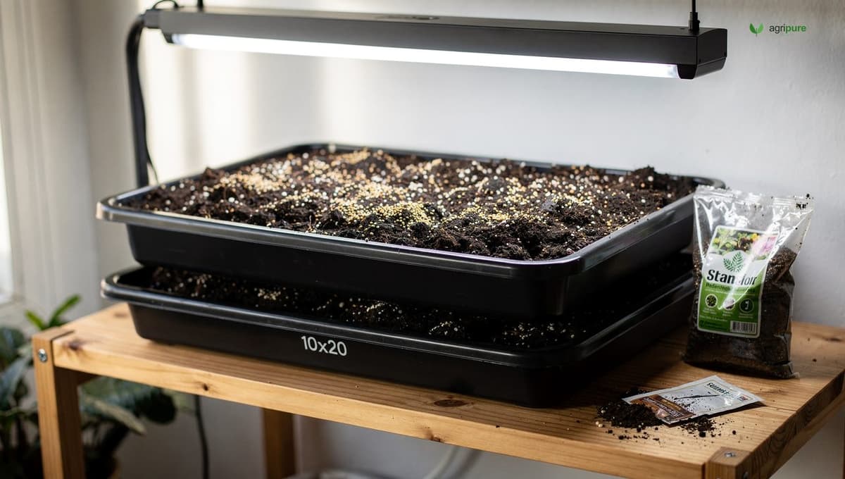 Two stacked 10x20 nursery trays filled with seed-starting mix on a shelf under a full-spectrum LED grow light bar, one tray densely sown with seed