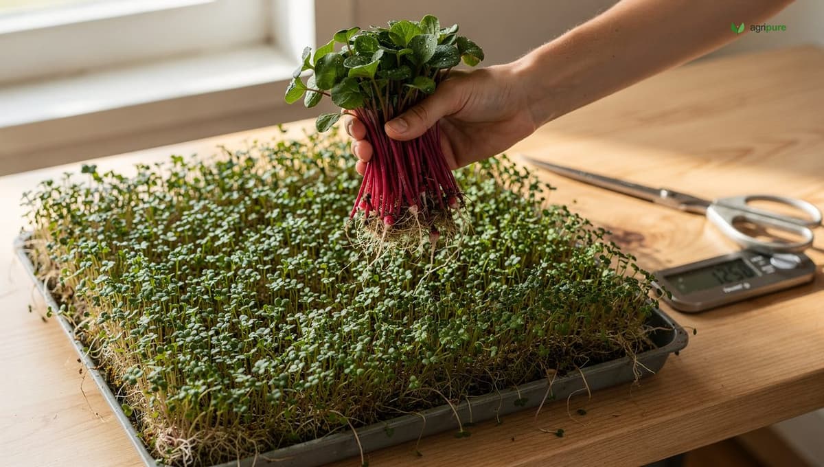 A freshly cut handful of radish microgreens held over a harvested 10x20 tray, with scissors and a kitchen scale on the bench