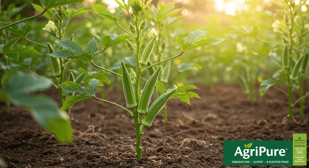 A close-up, photorealistic image of mature okra plants with several tender, green pods ready for harvest, set against a backdrop of rich, warm soil under bright sunlight. The image highlights the plant's height and productivity, emphasizing healthy, organic growth.