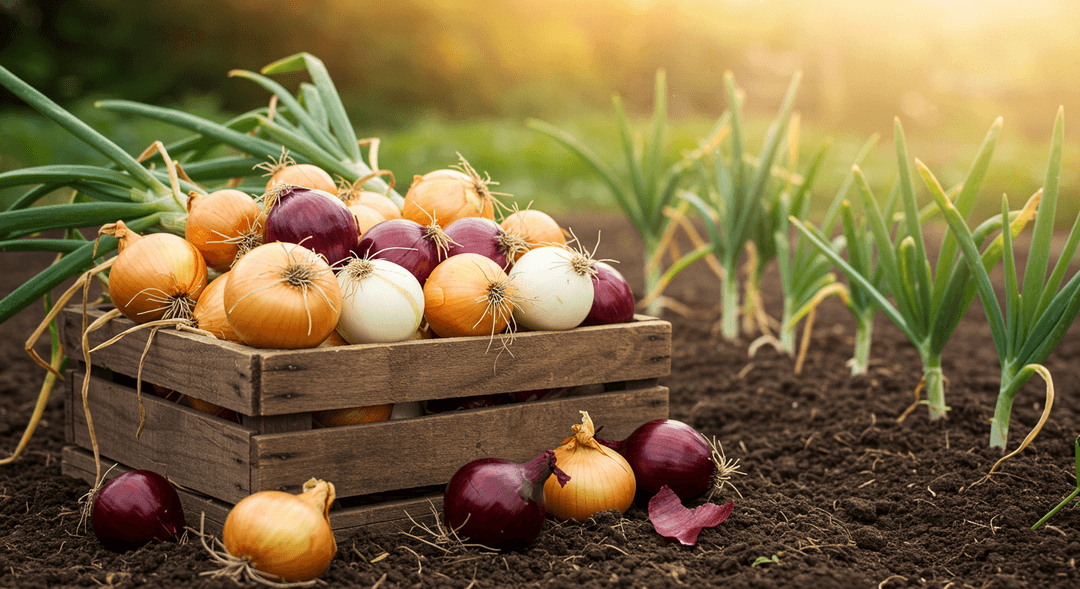 A close-up, photorealistic image showcasing a diverse harvest of plump, freshly pulled onions, including yellow, red, and white varieties, nestled together in a rustic wooden crate. In the softly blurred background, healthy green onion plants are visible growing in rich garden soil under natural light.