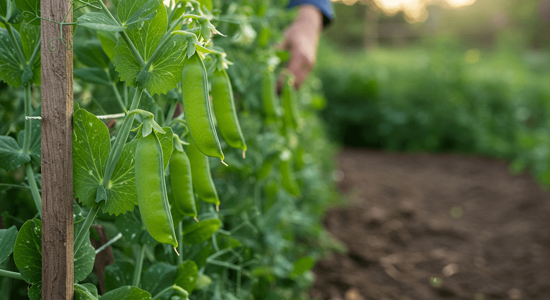 A close-up, photorealistic image of lush green pea plants growing vertically on a rustic wooden trellis in an organic garden. Several mature, plump pea pods hang from the vines, ready for harvest. The scene is illuminated by gentle natural light, highlighting the healthy foliage.