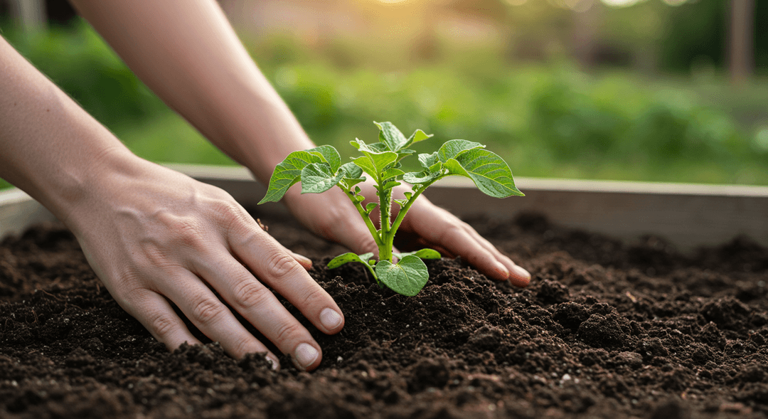 Close-up of a gardener's hands carefully mounding fresh, dark soil around the base of a healthy, young potato plant with bright green leaves in a raised garden bed, signifying the hilling process essential for tuber growth.