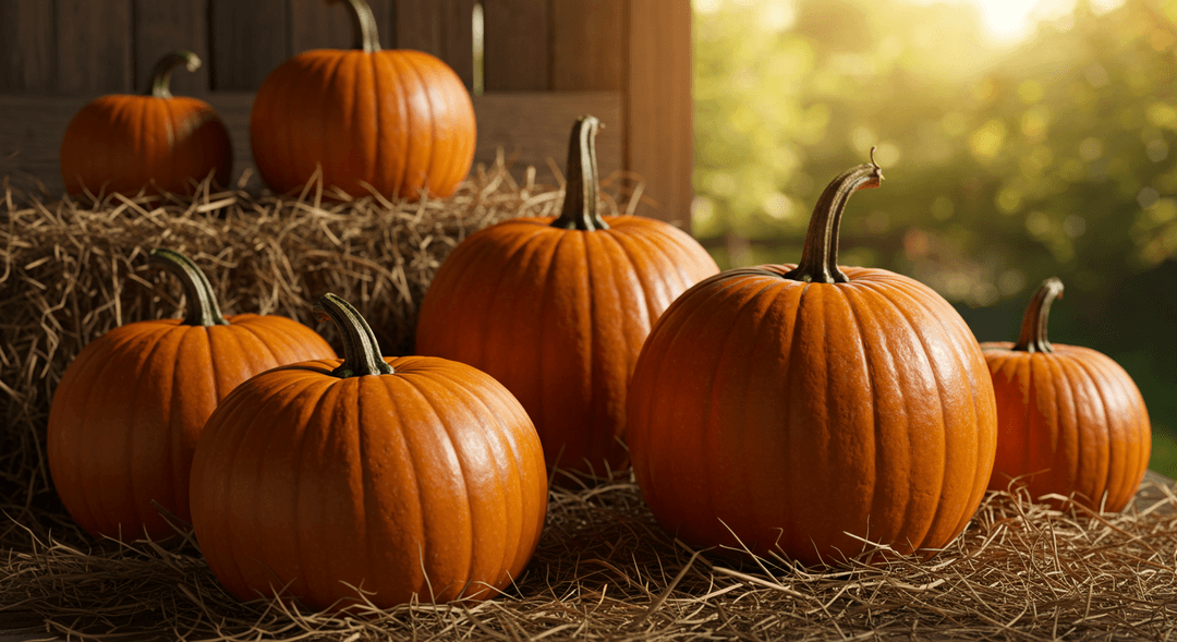 A photorealistic, editorial image of several deep-orange pumpkins with varying shapes and sizes, resting on a bed of golden straw. The setting appears to be a rustic farm, with soft sunlight highlighting the pumpkins' textures. In the background, muted greens and browns are visible, suggesting late autumn harvest.