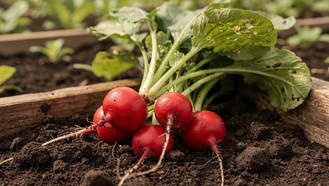 A small cluster of freshly pulled red round radishes with green leafy tops resting on dark soil beside a garden bed.