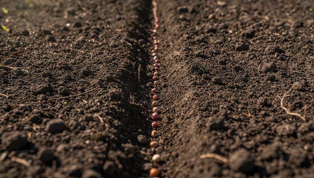 A hand-free close-up of radish seeds spaced along a shallow furrow in dark, finely raked garden soil.