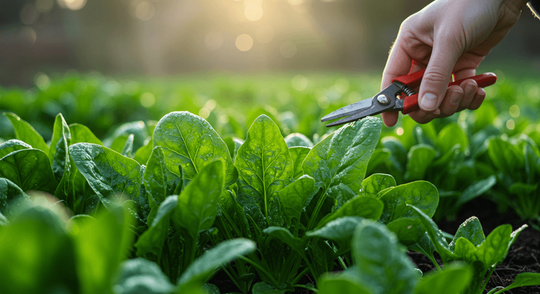 A close-up photograph shows lush, deep green spinach leaves being harvested in a garden bed. A hand wearing a gardening glove uses small silver shears to carefully snip an outer leaf, leaving the central plant intact for continued growth. Dew drops are visible on the cool-season foliage, and the soil is dark and moist, with blurred greenery in the background.
